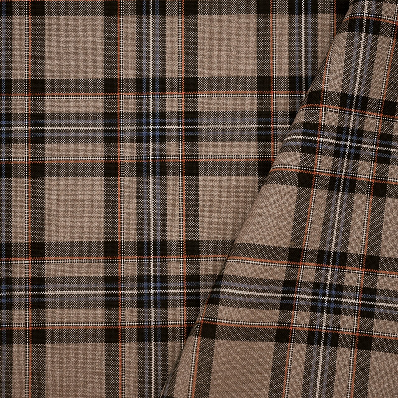 Brown-Orange-Multi Wool-Poly Plaid Woven Shirting Fabric By the Yard